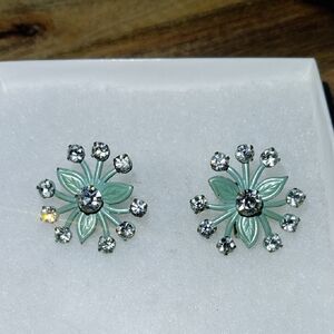 Elegant Vintage Floral Light Blue Enamel Crystal Rhinestone Earrings